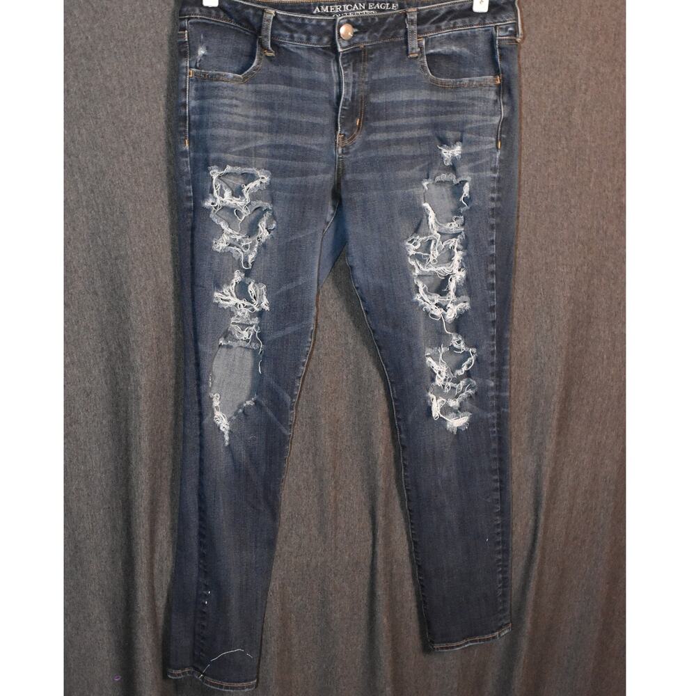 American Eagle Women's 14 (33x27) Ripped Denim Jeans Jegging Stretch Blue X4 AEO
